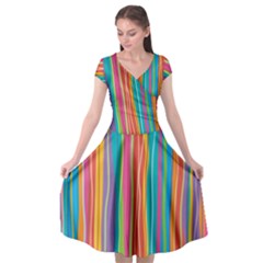 Colorful Striped Background Cap Sleeve Wrap Front Dress