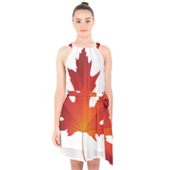 Autumn Maple Leaf Clip Art Halter Collar Waist Tie Chiffon Dress