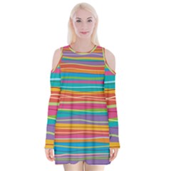 Colorful Horizontal Lines Background Velvet Long Sleeve Shoulder Cutout Dress by TastefulDesigns