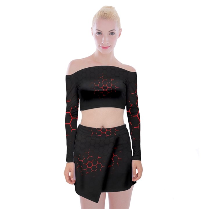 Abstract Pattern Honeycomb Off Shoulder Top with Skirt Set