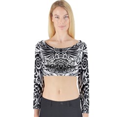 Tattoo Tribal Owl Long Sleeve Crop Top by Valentinaart