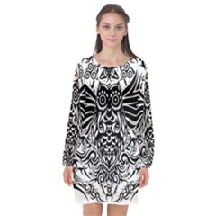 Tattoo Tribal Owl Long Sleeve Chiffon Shift Dress  by Valentinaart