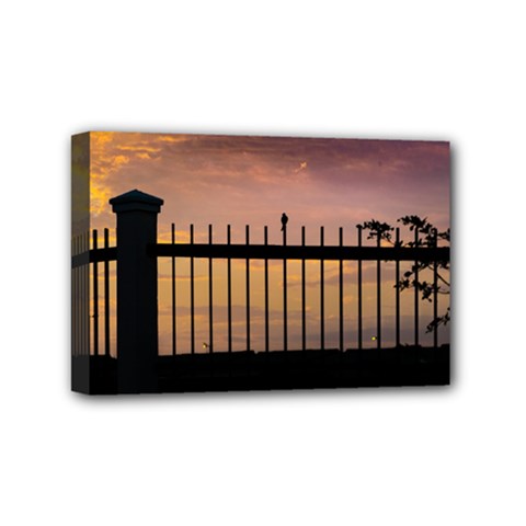 Small Bird Over Fence Backlight Sunset Scene Mini Canvas 6  X 4  by dflcprints