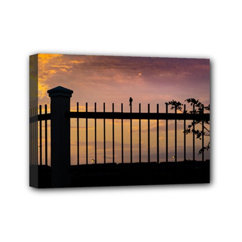 Small Bird Over Fence Backlight Sunset Scene Mini Canvas 7  X 5 