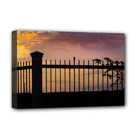 Small Bird Over Fence Backlight Sunset Scene Deluxe Canvas 18  X 12   by dflcprints