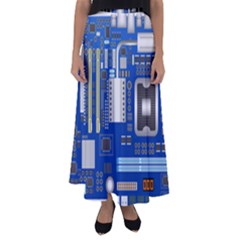 Classic Blue Computer Mainboard Flared Maxi Skirt