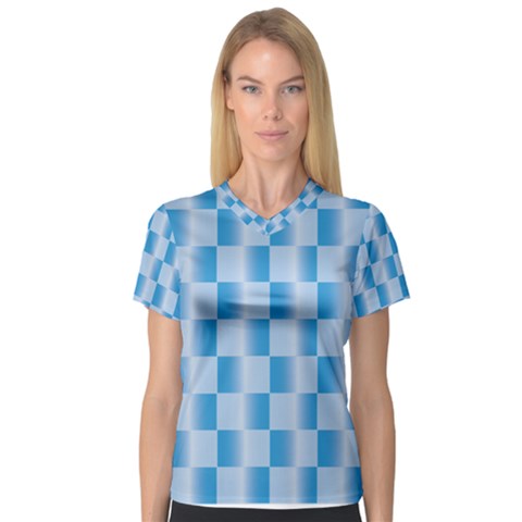 Blue Plaided Pattern V-neck Sport Mesh Tee by paulaoliveiradesign