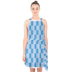 Blue Plaided Pattern Halter Collar Waist Tie Chiffon Dress