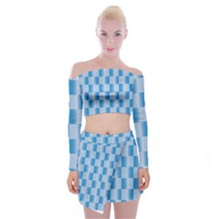 Blue Plaided Pattern Off Shoulder Top With Skirt Set by paulaoliveiradesign