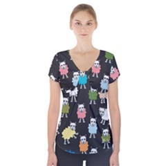 Sheep Cartoon Colorful Black Pink Short Sleeve Front Detail Top by BangZart