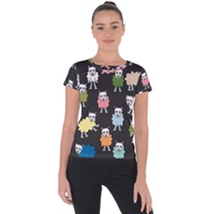 Sheep Cartoon Colorful Black Pink Short Sleeve Sports Top 