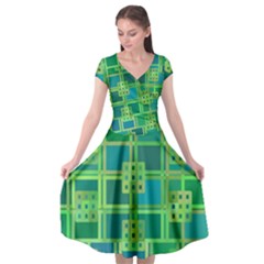 Green Abstract Geometric Cap Sleeve Wrap Front Dress