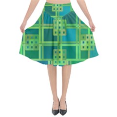 Green Abstract Geometric Flared Midi Skirt