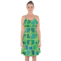 Green Abstract Geometric Ruffle Detail Chiffon Dress