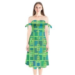 Green Abstract Geometric Shoulder Tie Bardot Midi Dress