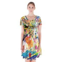 Multicolor Anime Colors Colorful Short Sleeve V-neck Flare Dress by BangZart