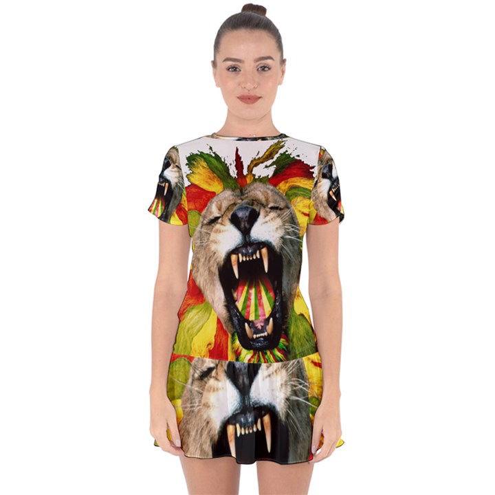 Reggae Lion Drop Hem Mini Chiffon Dress