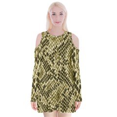 Yellow Snake Skin Pattern Velvet Long Sleeve Shoulder Cutout Dress by BangZart