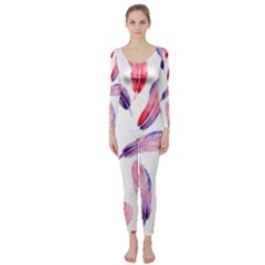 Watercolor Pattern With Feathers Long Sleeve Catsuit by BangZart