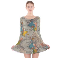 Vintage World Map Long Sleeve Velvet Skater Dress by BangZart