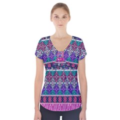 Tribal Seamless Aztec Pattern Short Sleeve Front Detail Top by BangZart