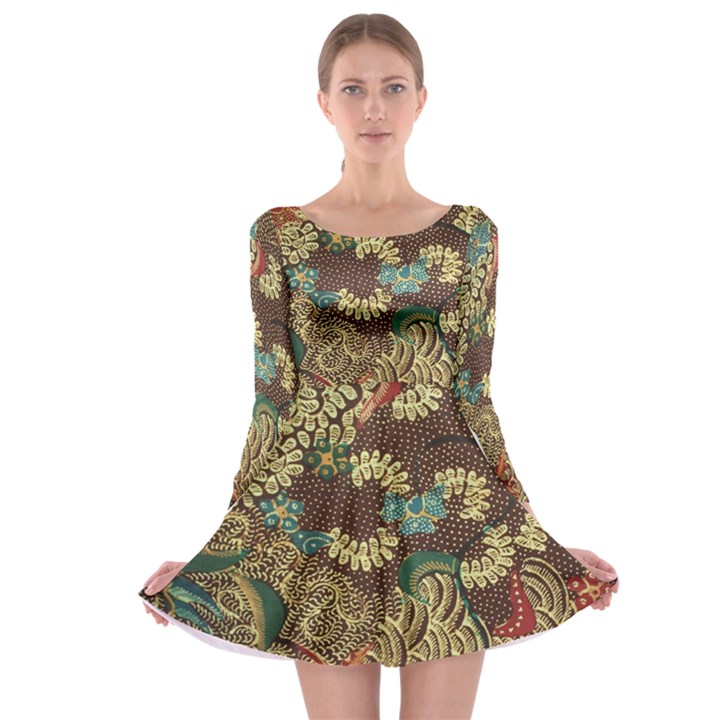 Traditional Batik Art Pattern Long Sleeve Skater Dress