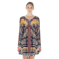 Traditional Batik Indonesia Pattern Long Sleeve Velvet V-neck Dress by BangZart