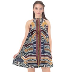 Traditional Batik Indonesia Pattern Halter Neckline Chiffon Dress 