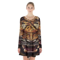 Tiger Face Long Sleeve Velvet V-neck Dress by BangZart