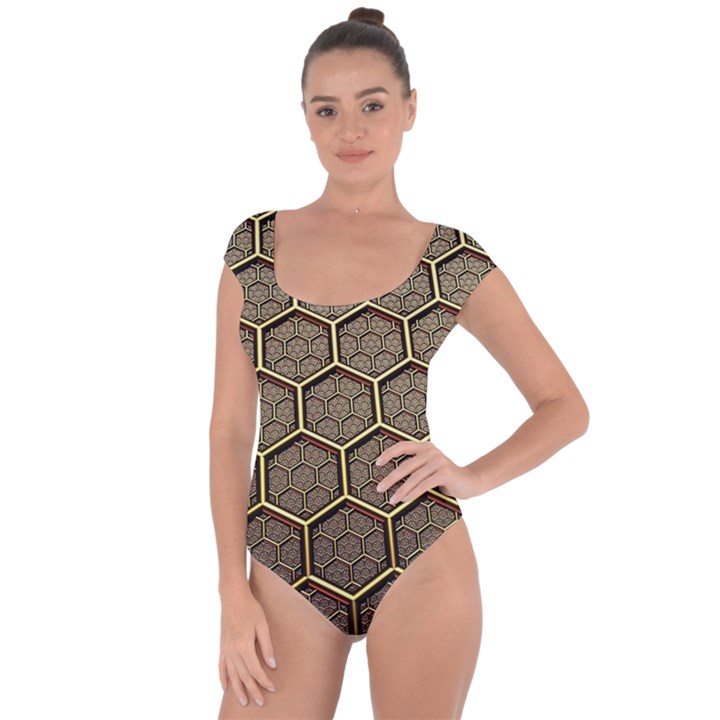 Texture Hexagon Pattern Short Sleeve Leotard 