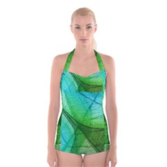 Sunlight Filtering Through Transparent Leaves Green Blue Boyleg Halter Swimsuit  by BangZart