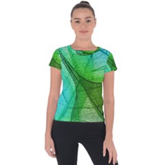 Sunlight Filtering Through Transparent Leaves Green Blue Short Sleeve Sports Top 