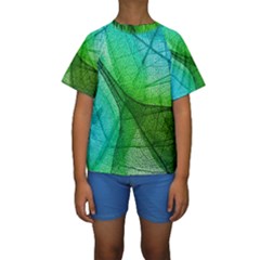 Sunlight Filtering Through Transparent Leaves Green Blue Kids  Short Sleeve Swimwear by BangZart