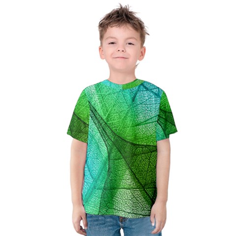 Sunlight Filtering Through Transparent Leaves Green Blue Kids  Cotton Tee by BangZart