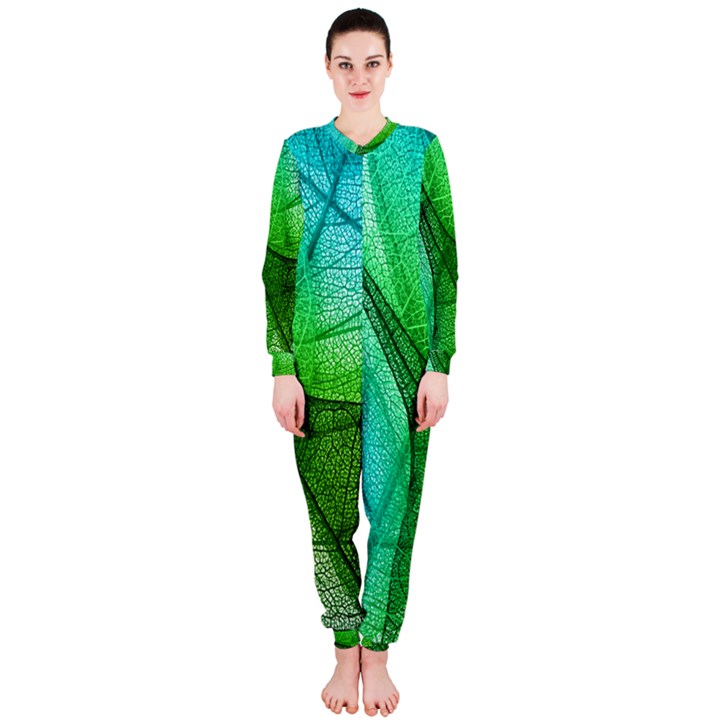 Sunlight Filtering Through Transparent Leaves Green Blue OnePiece Jumpsuit (Ladies) 