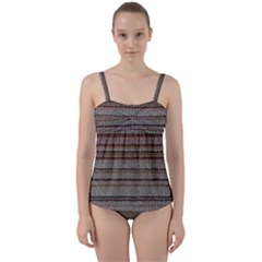 Stripy Knitted Wool Fabric Texture Twist Front Tankini Set by BangZart