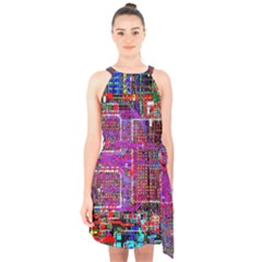 Technology Circuit Board Layout Pattern Halter Collar Waist Tie Chiffon Dress