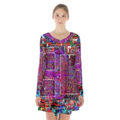 Technology Circuit Board Layout Pattern Long Sleeve Velvet V-neck Dress by BangZart