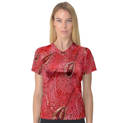 Red Peacock Floral Embroidered Long Qipao Traditional Chinese Cheongsam Mandarin V-neck Sport Mesh Tee by BangZart