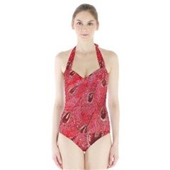 Red Peacock Floral Embroidered Long Qipao Traditional Chinese Cheongsam Mandarin Halter Swimsuit by BangZart