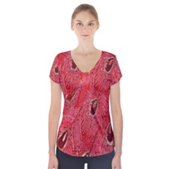 Red Peacock Floral Embroidered Long Qipao Traditional Chinese Cheongsam Mandarin Short Sleeve Front Detail Top by BangZart