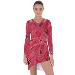 Red Peacock Floral Embroidered Long Qipao Traditional Chinese Cheongsam Mandarin Asymmetric Cut-out Shift Dress by BangZart