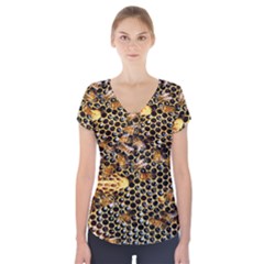 Queen Cup Honeycomb Honey Bee Short Sleeve Front Detail Top by BangZart