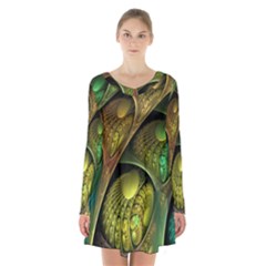 Psytrance Abstract Colored Pattern Feather Long Sleeve Velvet V-neck Dress by BangZart