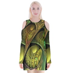 Psytrance Abstract Colored Pattern Feather Velvet Long Sleeve Shoulder Cutout Dress by BangZart