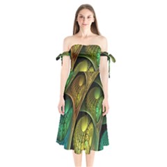 Psytrance Abstract Colored Pattern Feather Shoulder Tie Bardot Midi Dress by BangZart