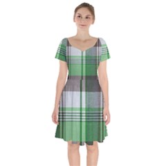 Plaid Fabric Texture Brown And Green Short Sleeve Bardot Dress