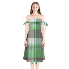 Plaid Fabric Texture Brown And Green Shoulder Tie Bardot Midi Dress