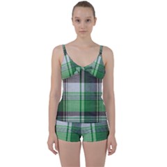 Plaid Fabric Texture Brown And Green Tie Front Two Piece Tankini