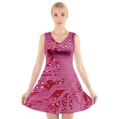 Pink Circuit Pattern V-neck Sleeveless Skater Dress by BangZart